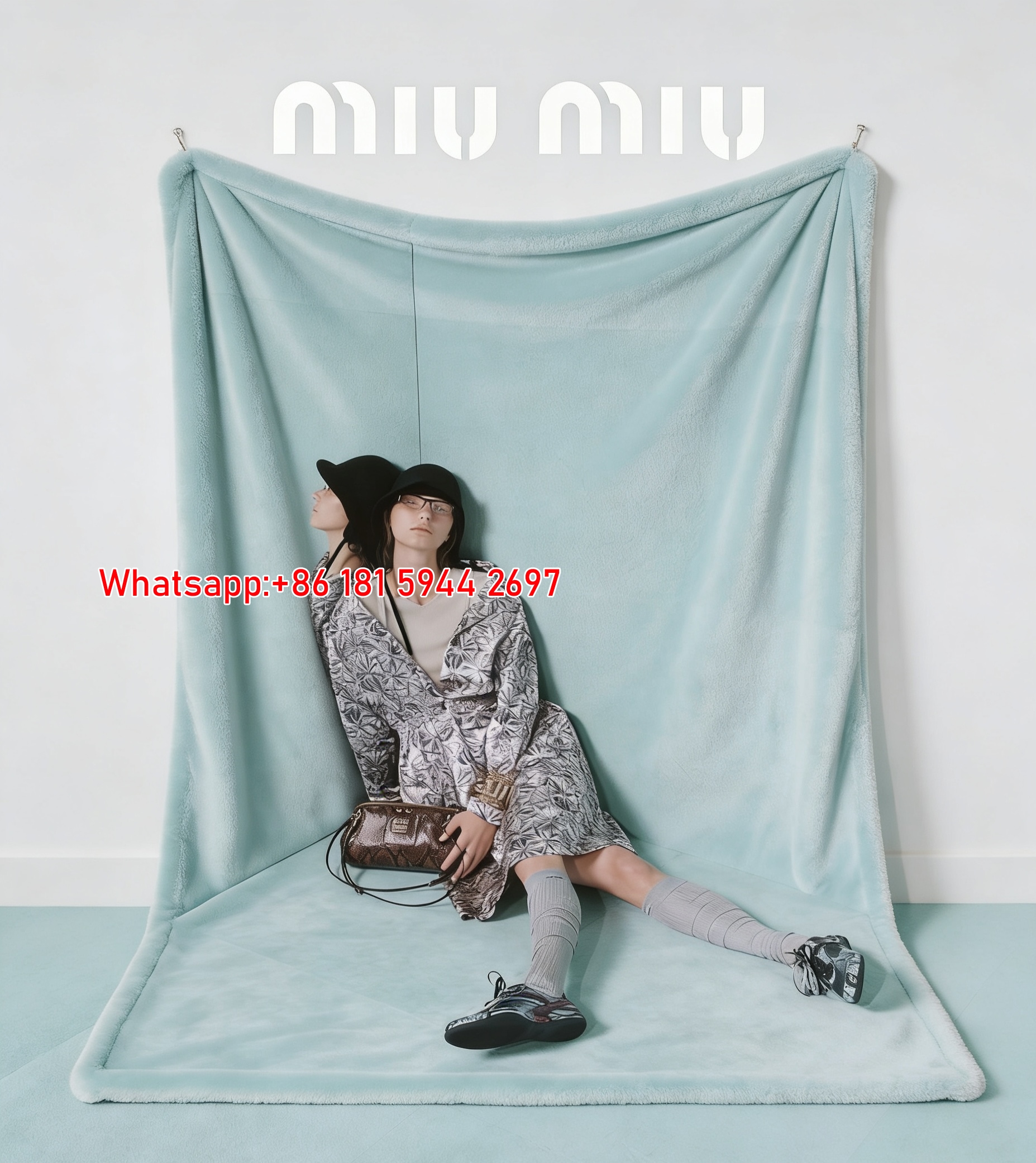 Miu Miu Mint Green & Grey Floral Print Flannel Throw Blanket IMG_0604